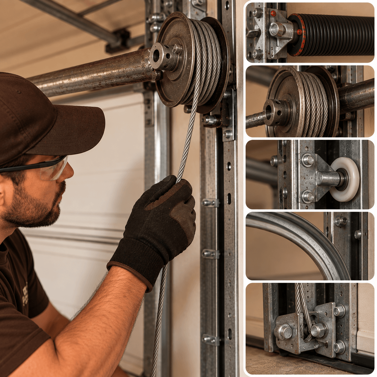 Texas City Garage Door technician inspecting garage door cable, spring, drum, roller, track and lower cable hardware