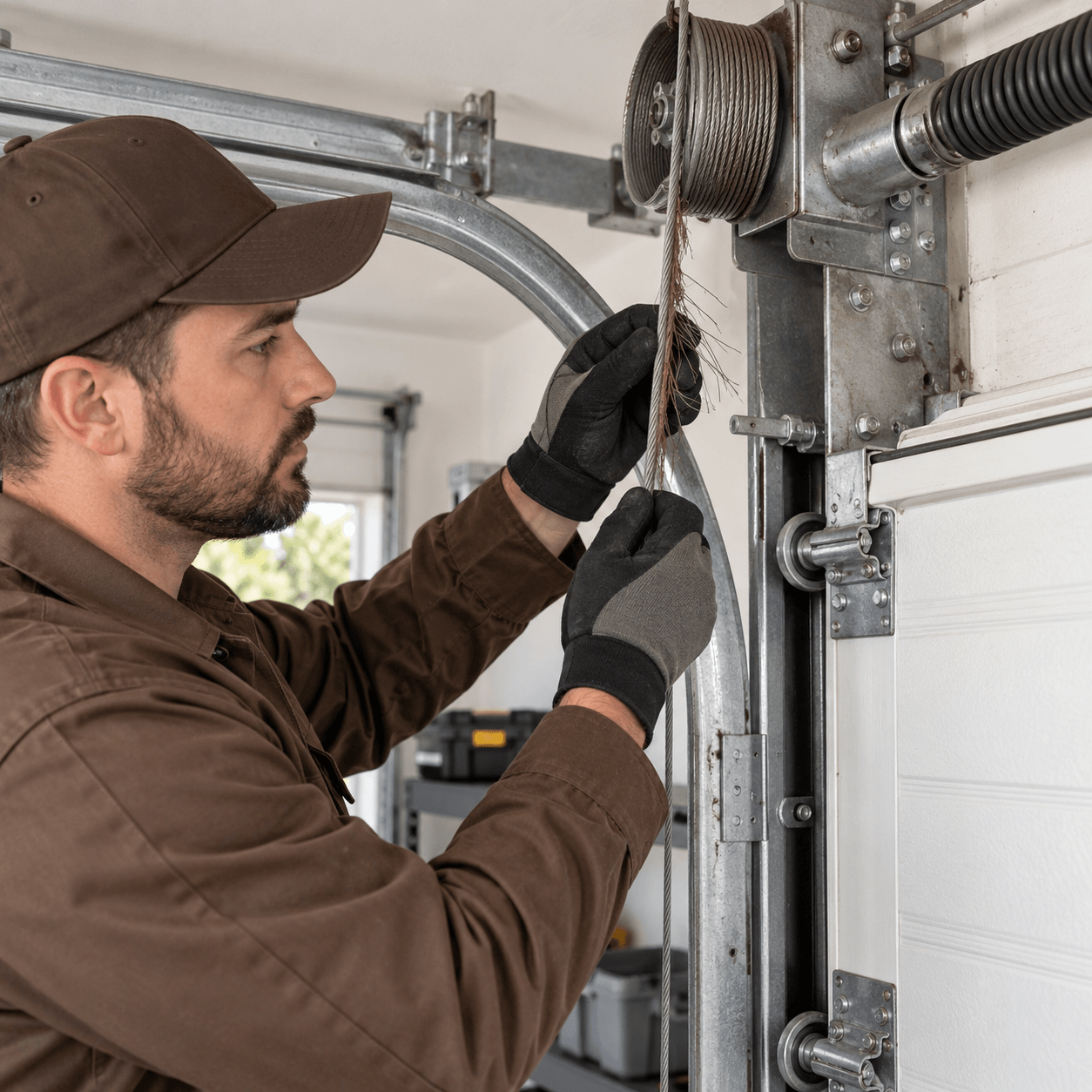 Texas City Garage Door technician inspecting a frayed garage door cable near the drum and track assembly