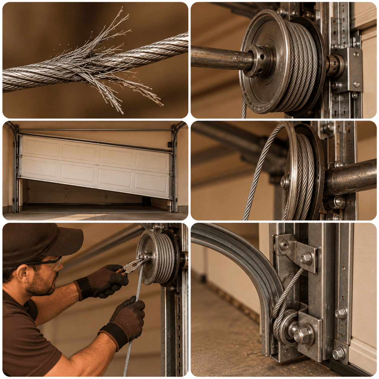 Texas City Garage Door technician inspecting frayed, loose and displaced garage door cables with related drum and track hardware