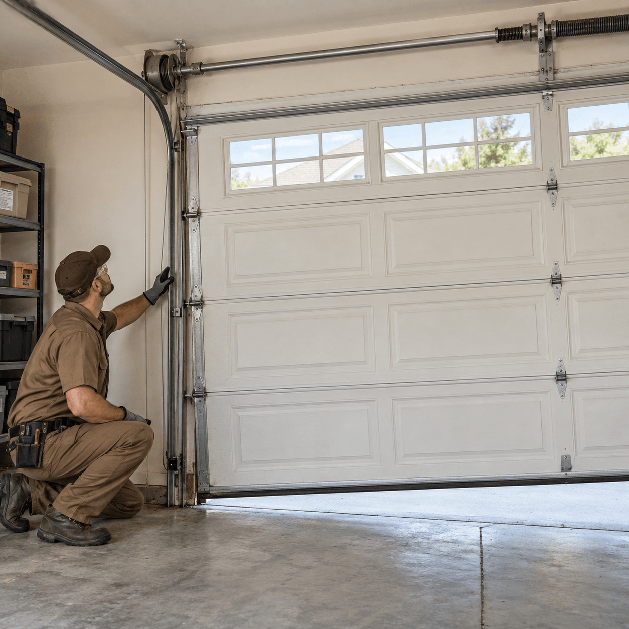 Texas City Garage Door technician inspecting an uneven garage door and cable system for movement problems