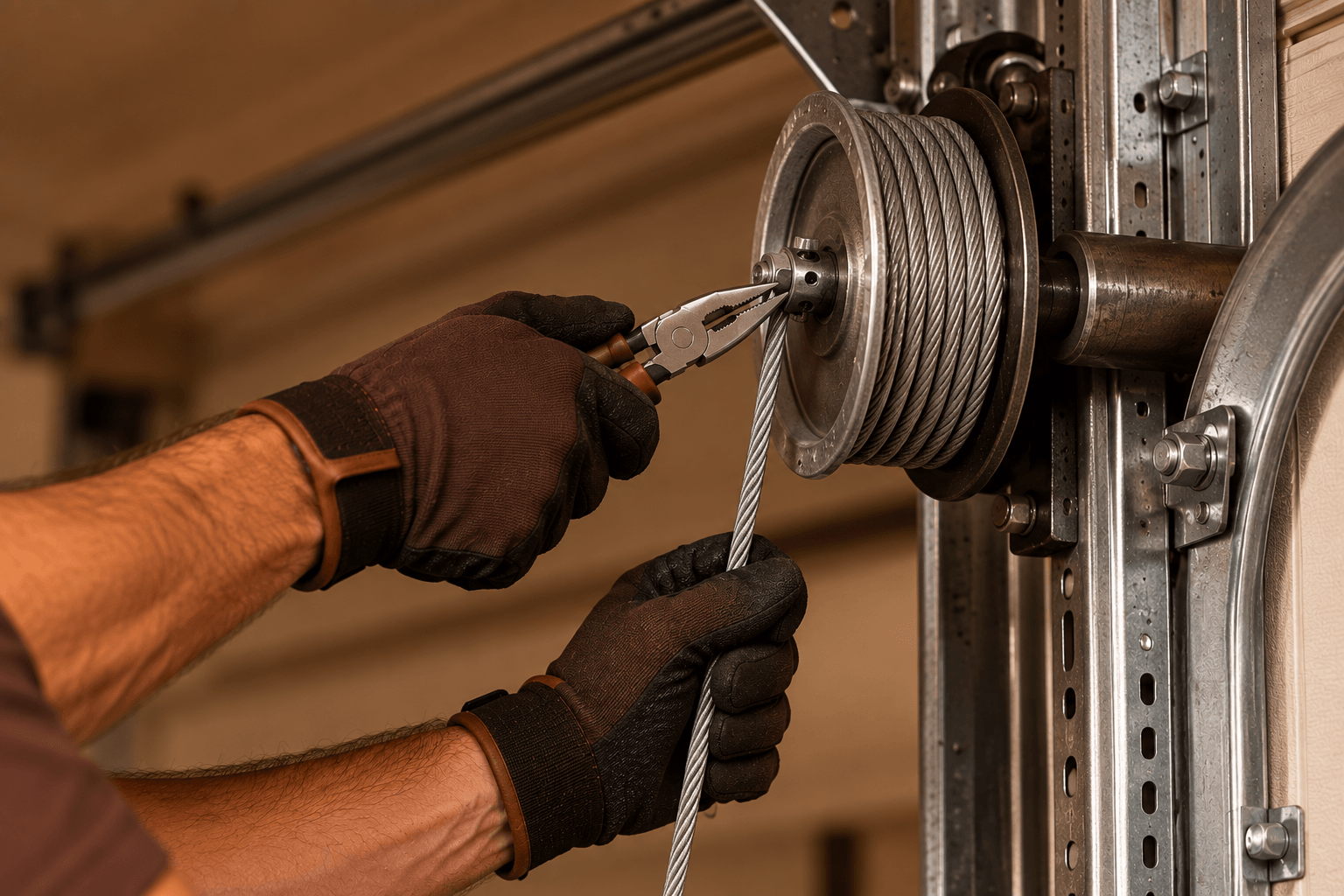 Texas City Garage Door technician repairing and adjusting a garage door cable and drum assembly