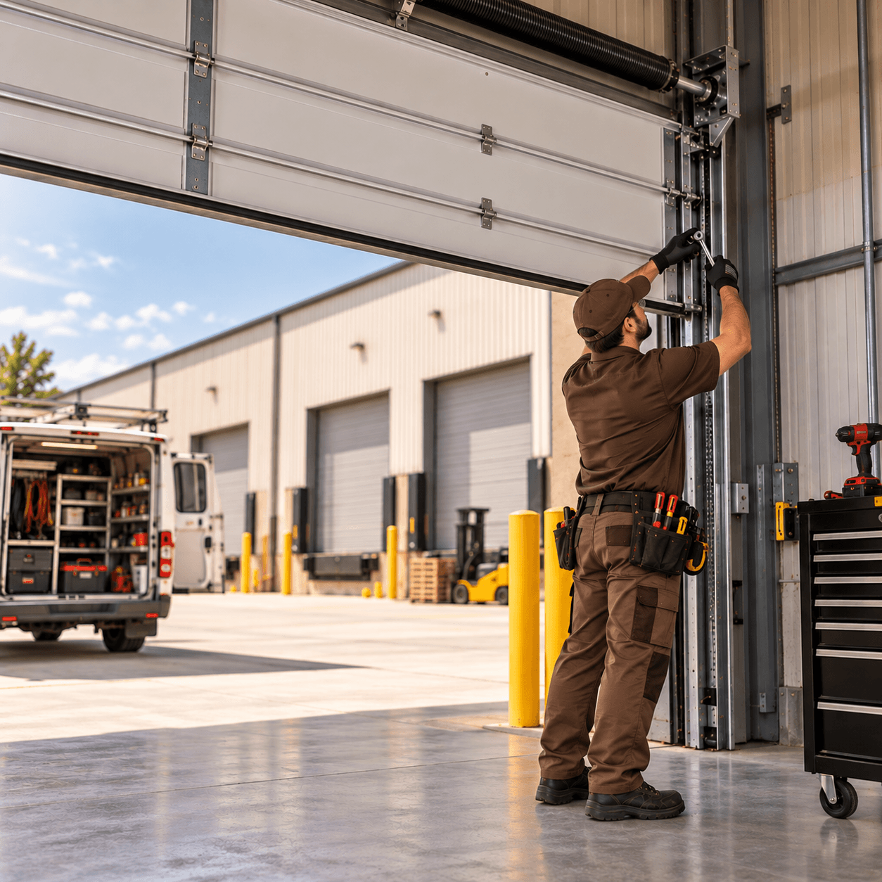 Texas City Garage Door technician servicing a commercial overhead door track and hardware system