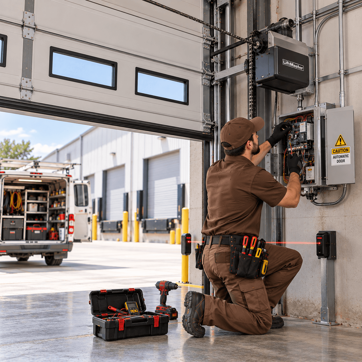 Texas City Garage Door technician diagnosing a commercial garage door motor, control panel and safety sensor system