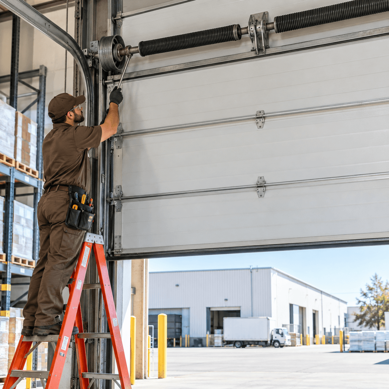 Texas City Garage Door technician inspecting a commercial overhead door spring system