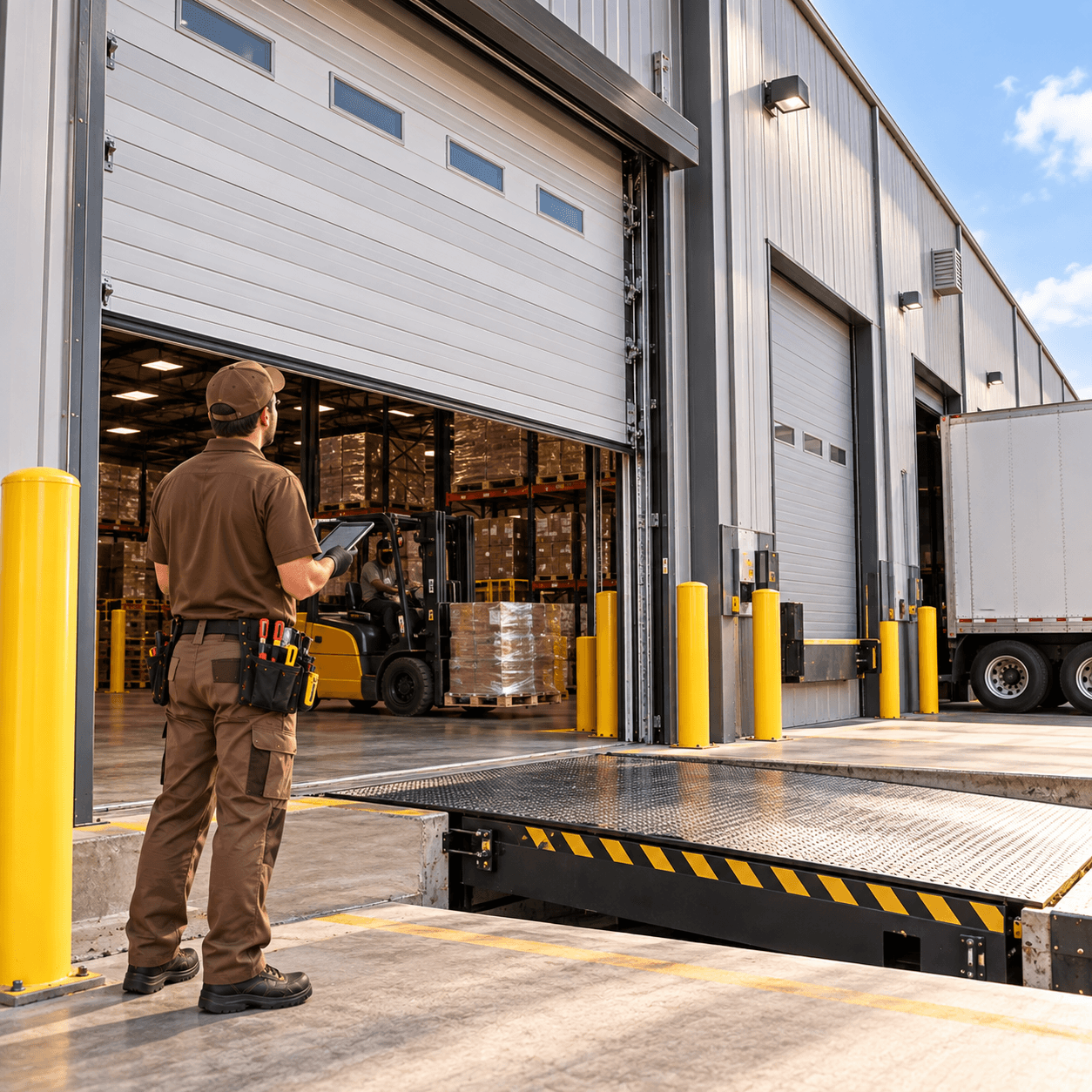 Texas City Garage Door technician inspecting a commercial loading dock, overhead door and dock leveller system