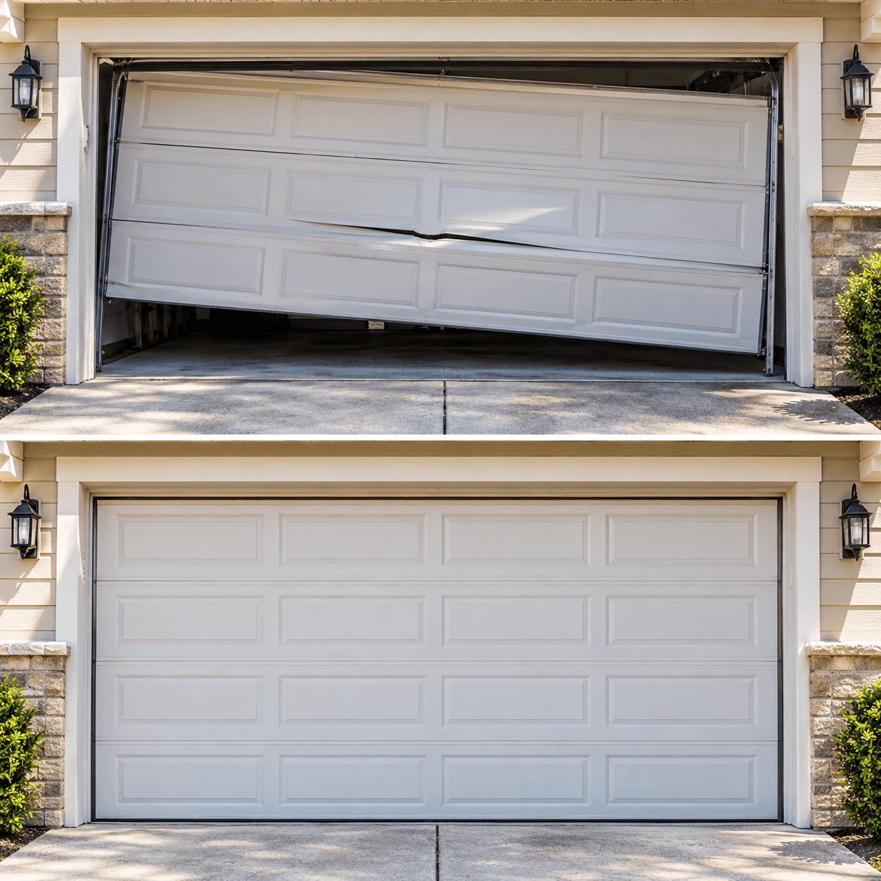Texas City Garage Door emergency repair before and after showing a damaged garage door restored to proper operation