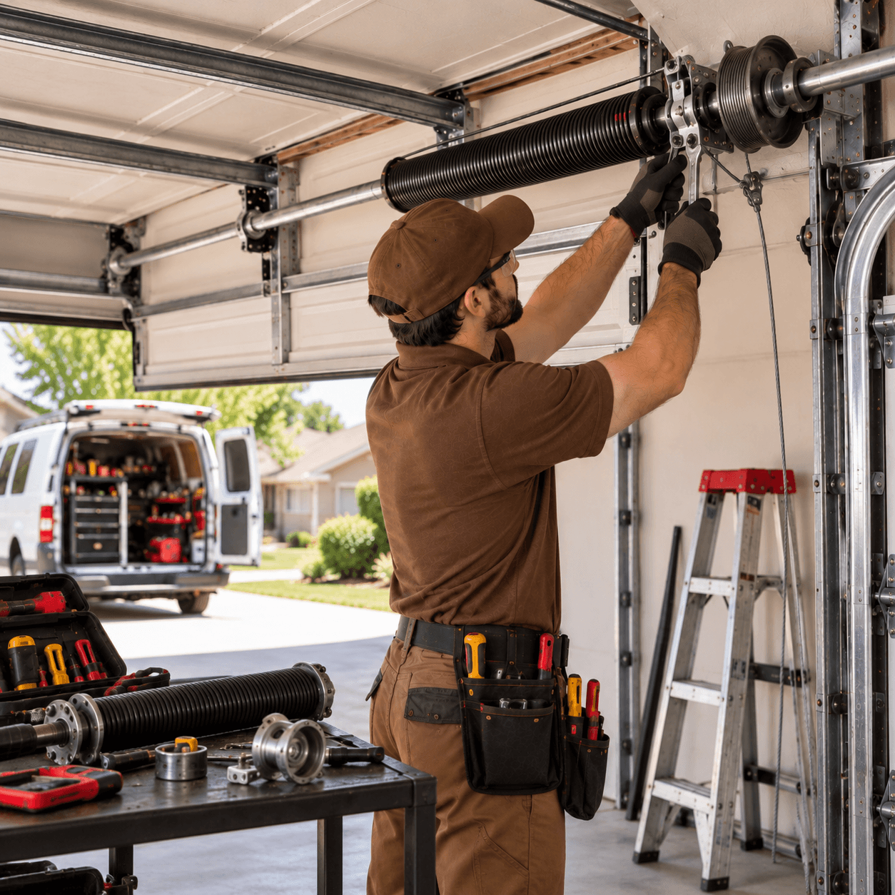 Texas City Garage Door technician repairing a torsion spring, cable and drum system during emergency garage door service