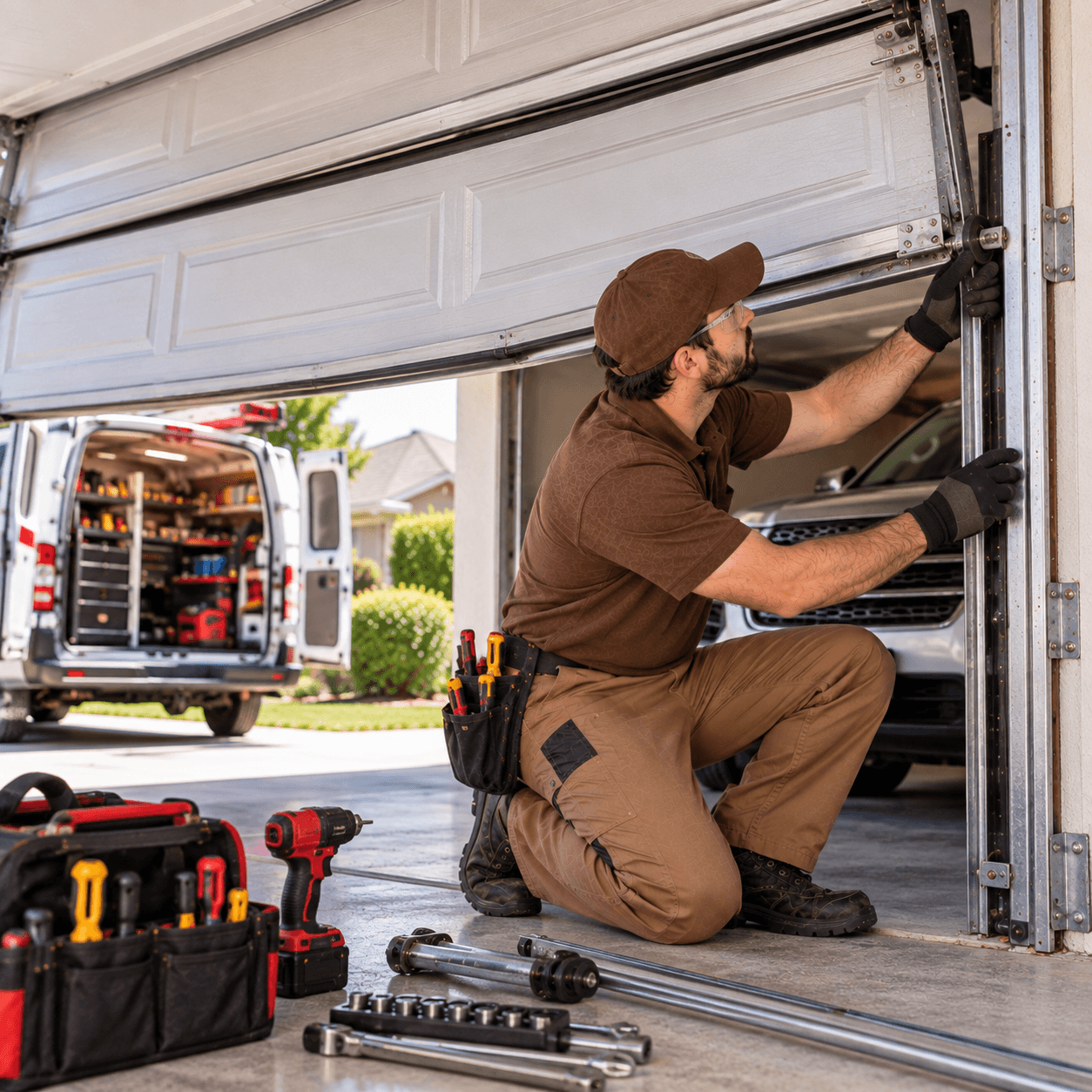 Texas City Garage Door technician repairing a stuck and misaligned residential garage door during emergency service