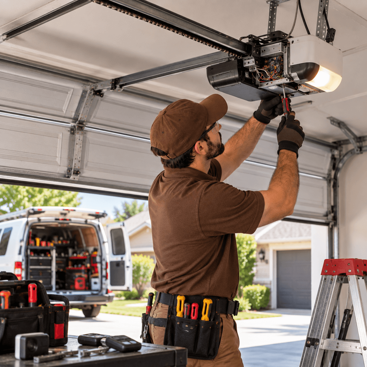 Texas City Garage Door technician diagnosing an urgent garage door opener motor, wiring and hardware problem