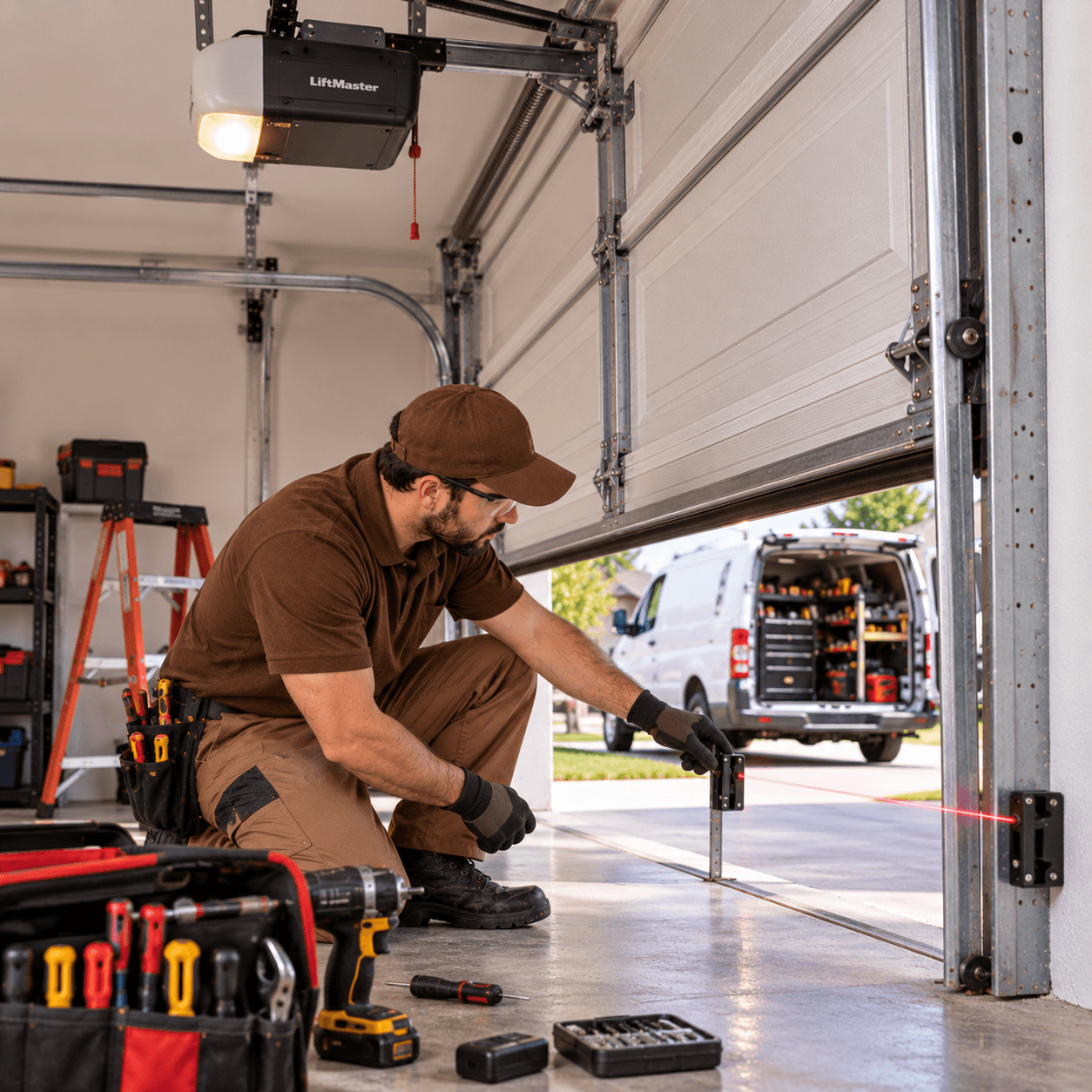 Texas City Garage Door technician checking safety sensors and restoring garage door movement after an emergency repair