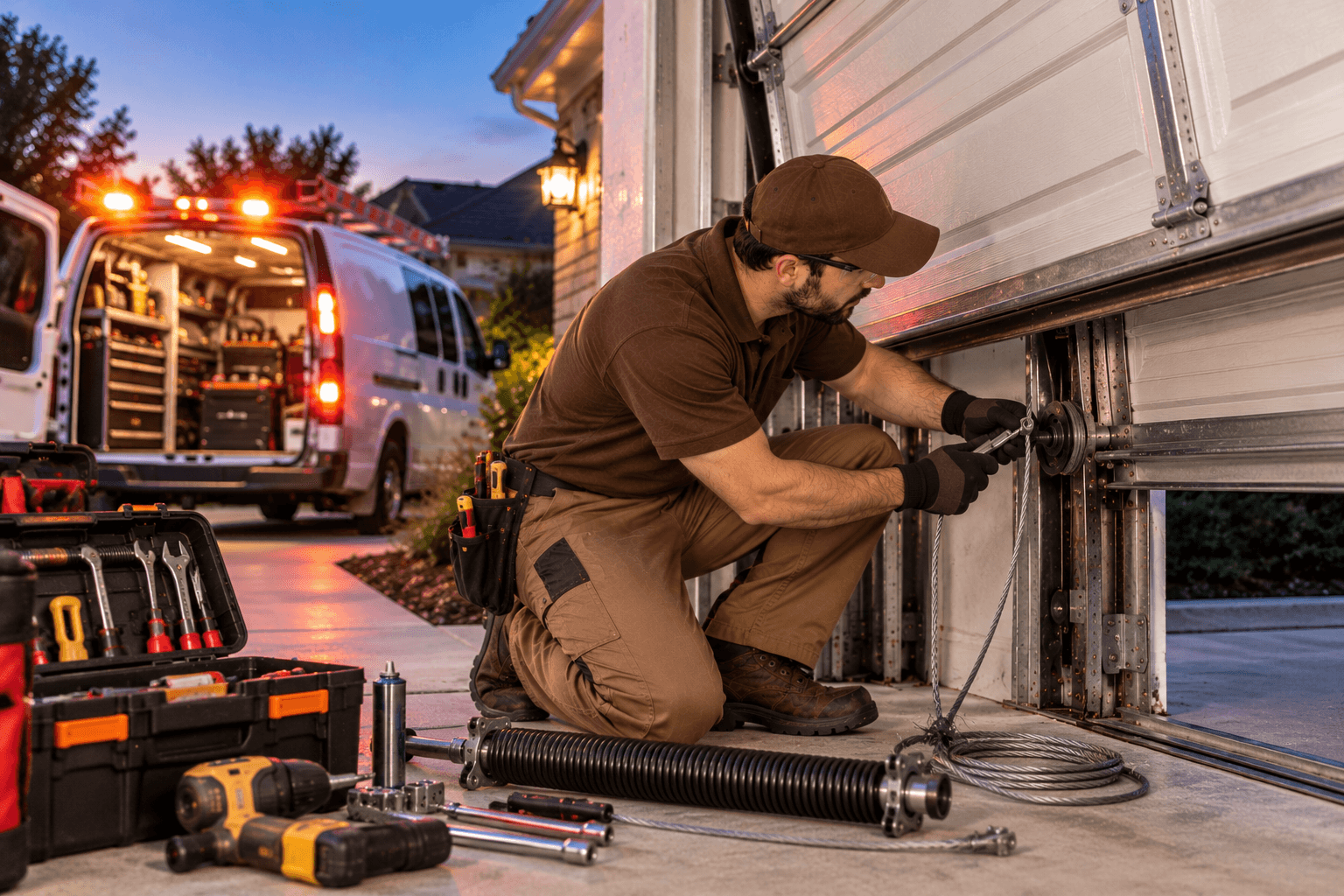 Texas City Garage Door technician handling an urgent garage door cable and hardware failure