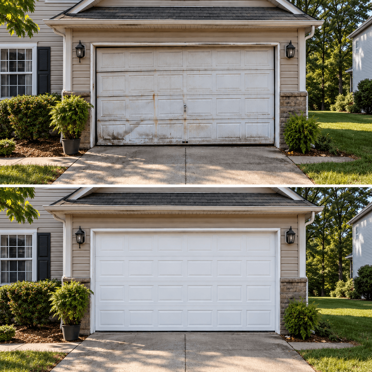 Before and after garage door repair showing a damaged garage door restored to a clean properly aligned condition