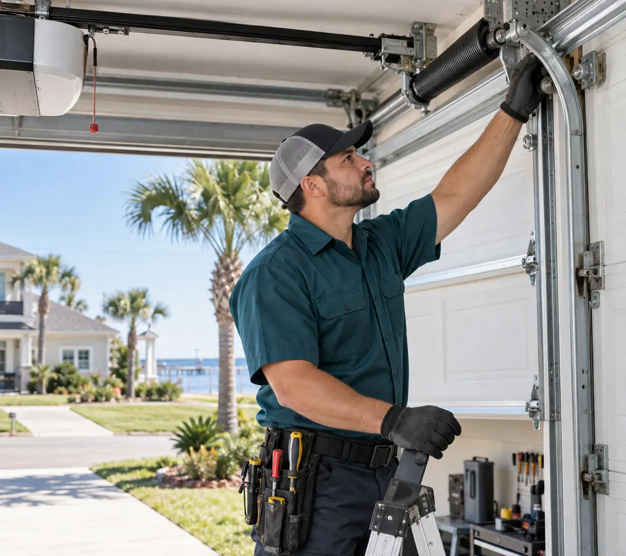 Garage door technician inspecting residential garage door equipment Texas City TX