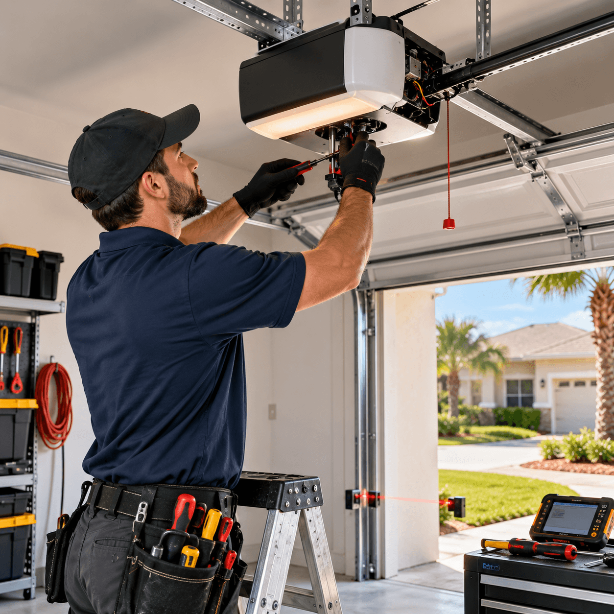 Garage door technician troubleshooting an automatic opener and safety sensors Texas City TX