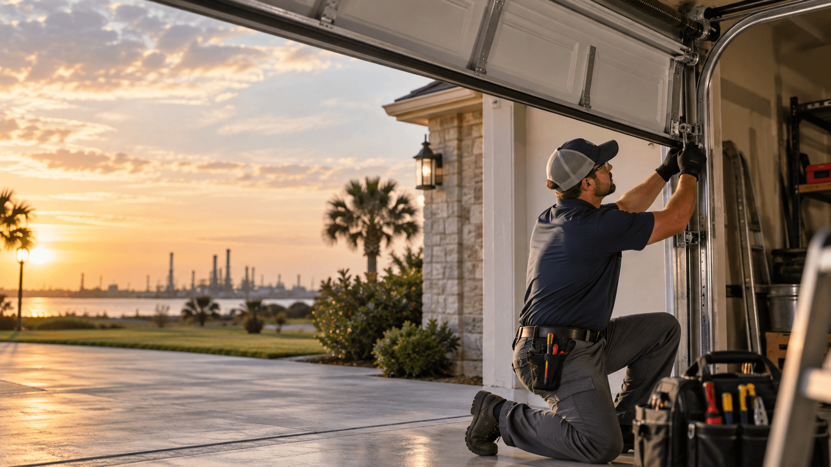 Garage door technician providing professional repair service Texas City TX