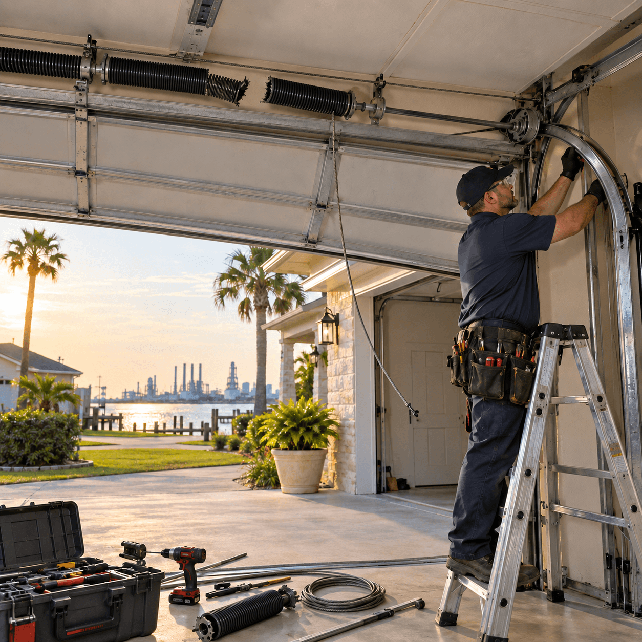 Garage door technician repairing a broken overhead door Texas City TX