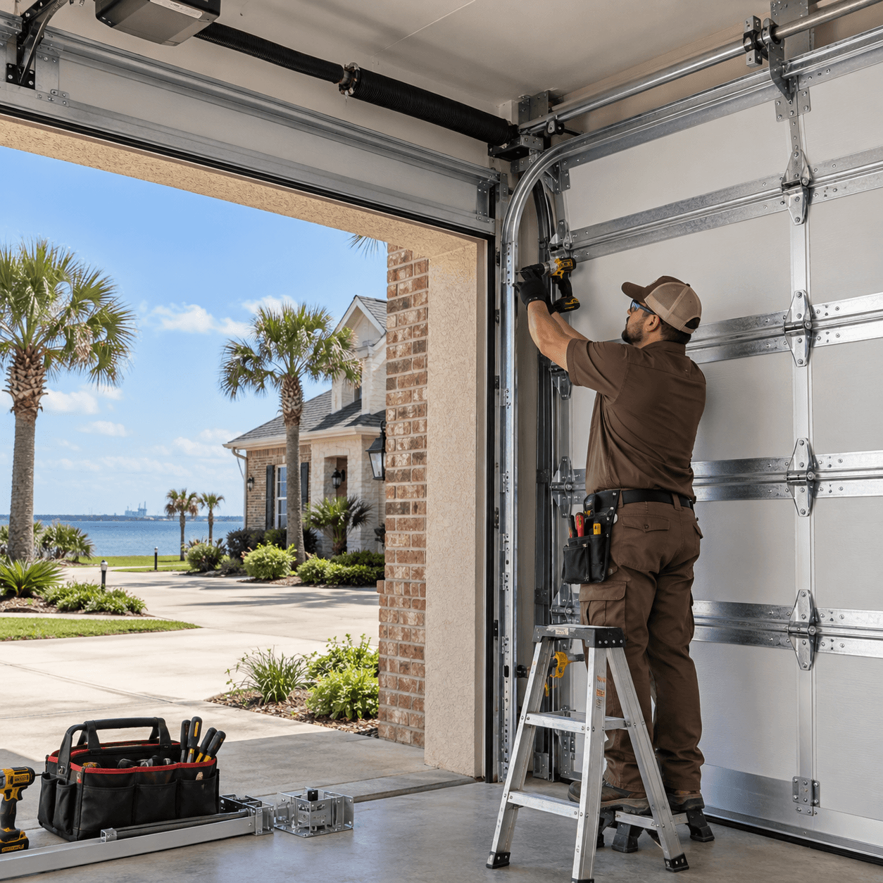 Garage door technician installing a reinforced coastal garage door system