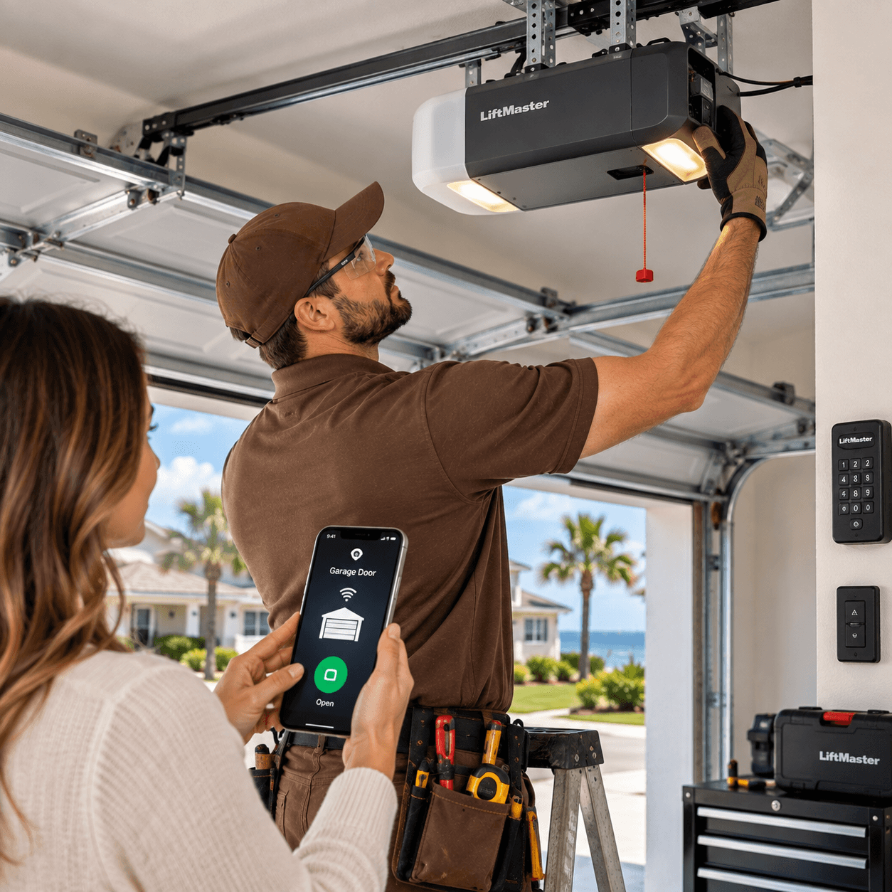 Garage door technician programming a smart opener with mobile access and keypad controls