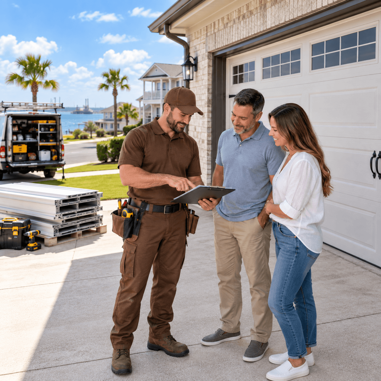 Garage door technician reviewing an installation estimate with homeowners
