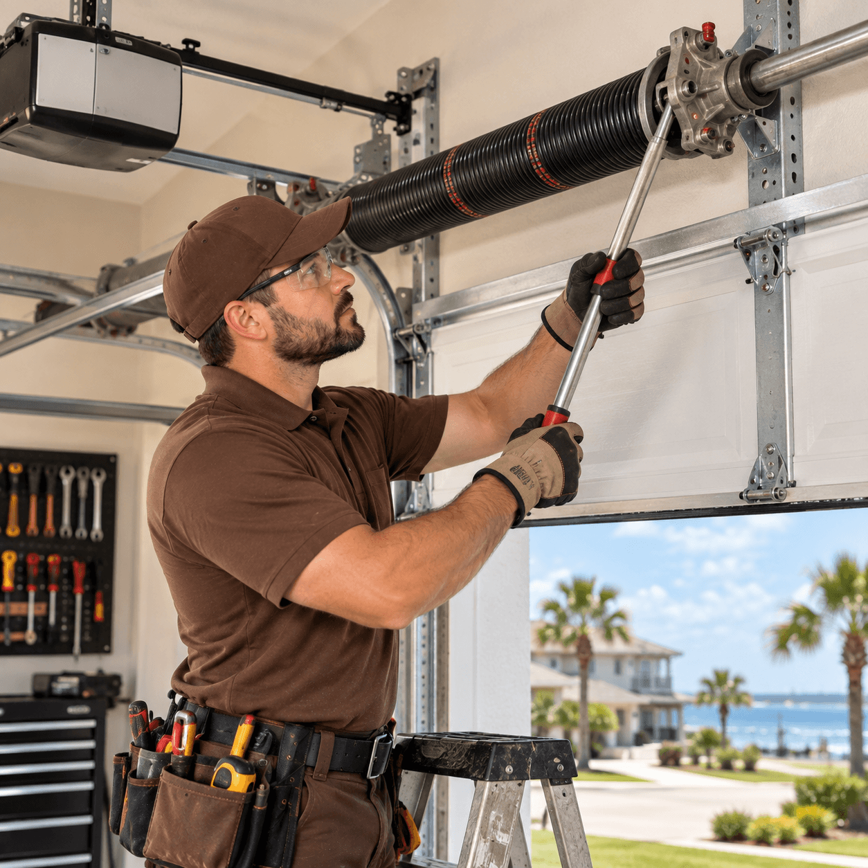 Garage door technician calibrating a torsion spring system