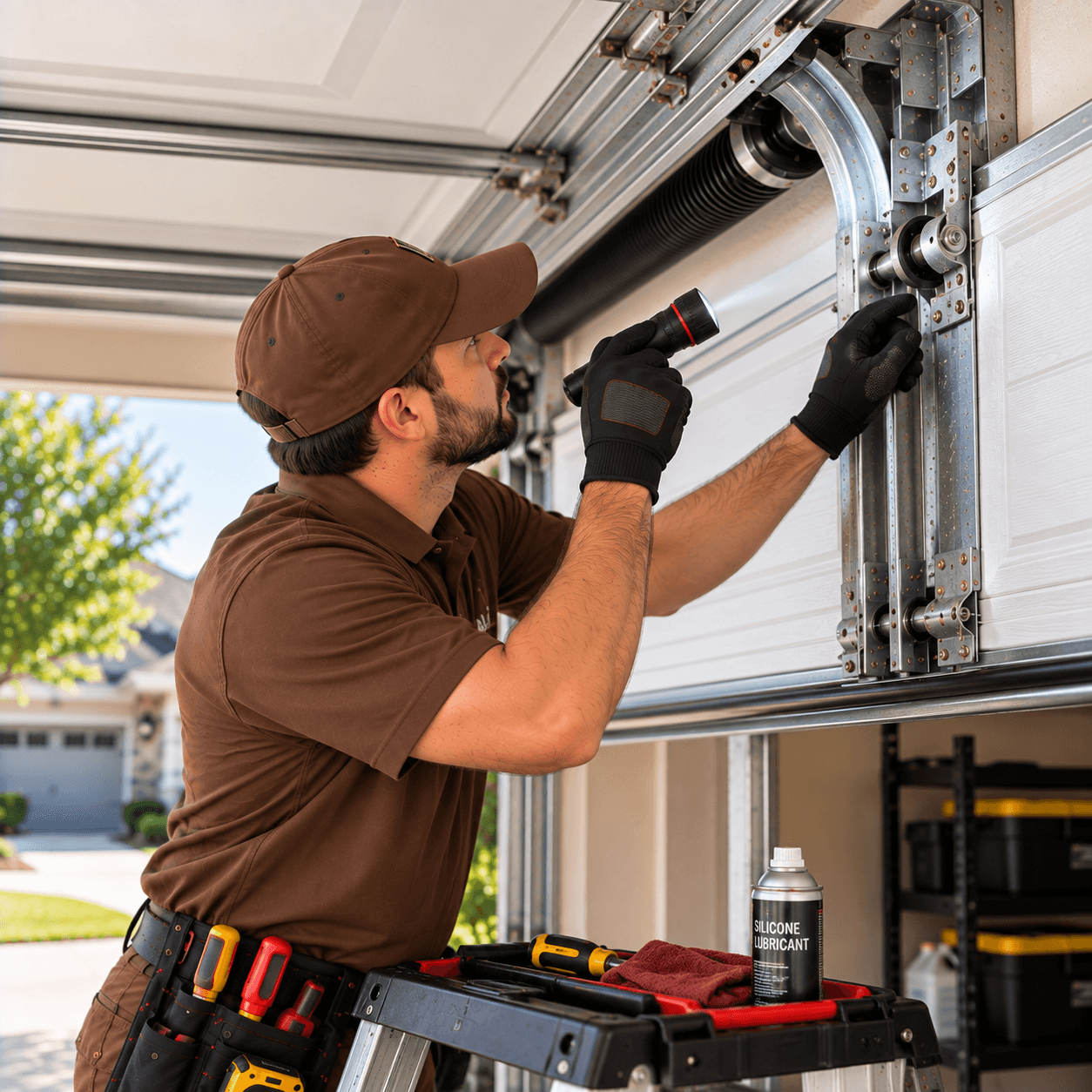 Texas City Garage Door technician inspecting garage door rollers, tracks, brackets and spring hardware for early wear