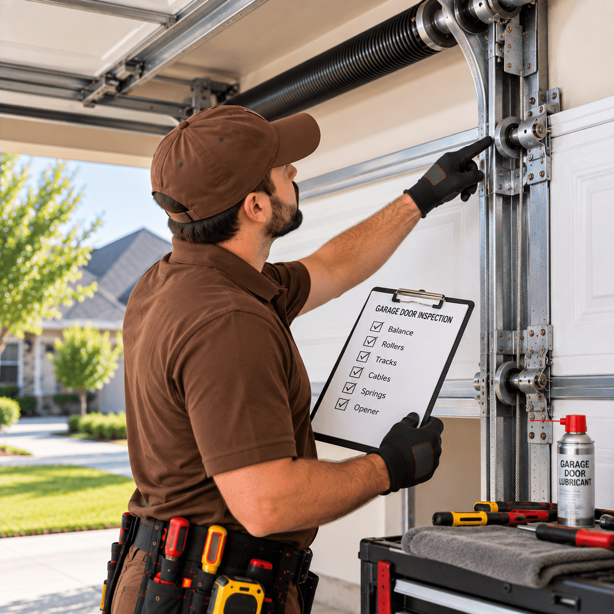 Texas City Garage Door technician inspecting garage door rollers, tracks, cables, springs and opener hardware