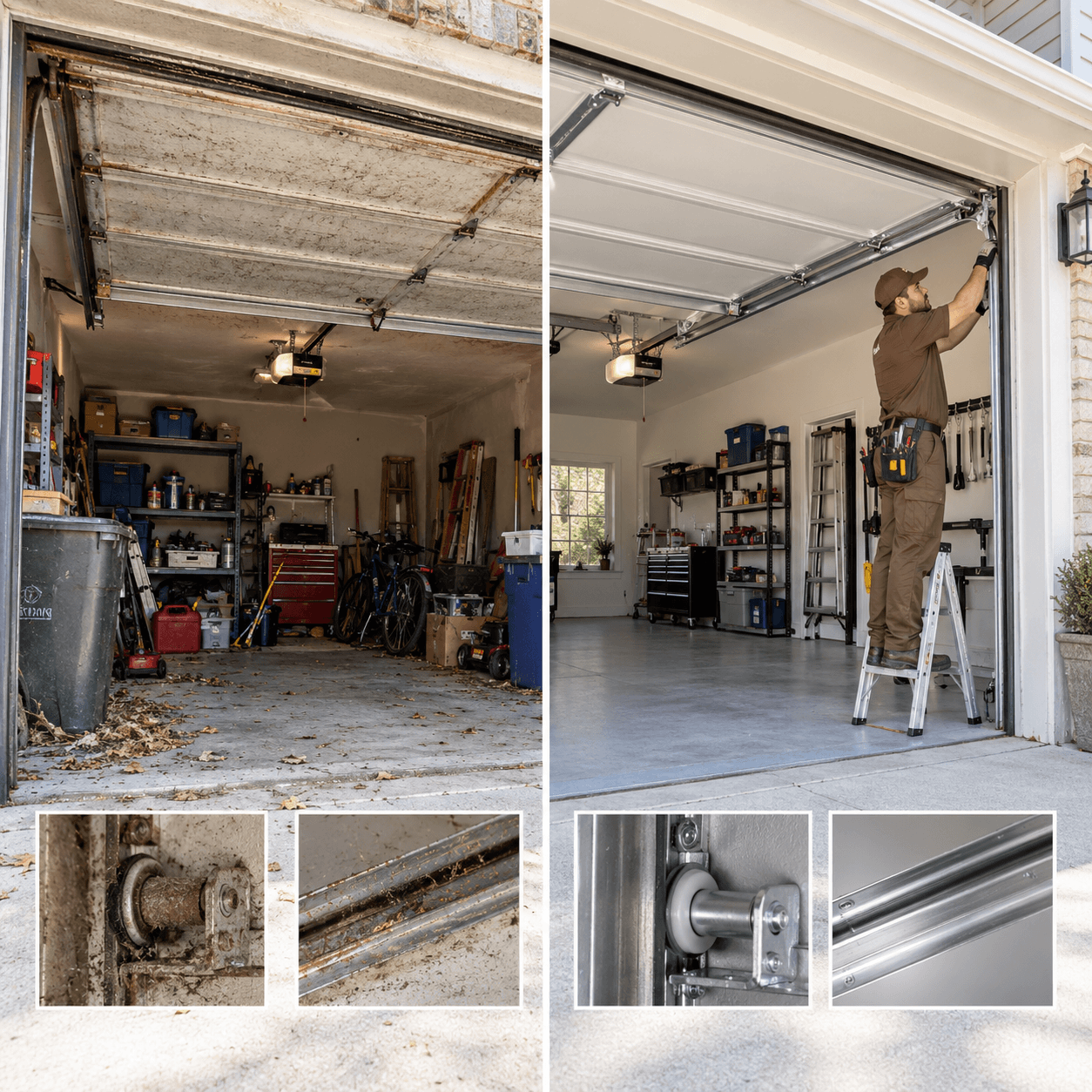 Texas City Garage Door maintenance before and after showing worn garage door hardware and restored smooth operation
