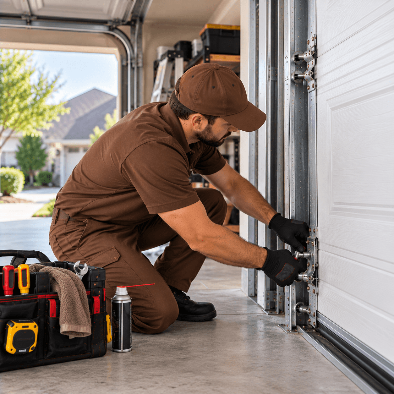 Texas City Garage Door technician inspecting and adjusting lower garage door rollers and track hardware