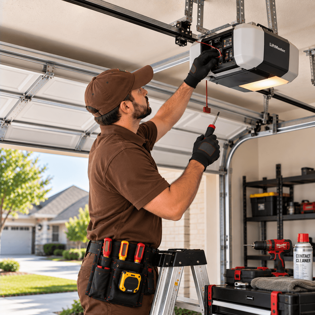 Texas City Garage Door technician inspecting garage door opener controls, wiring and motor components during routine maintenance