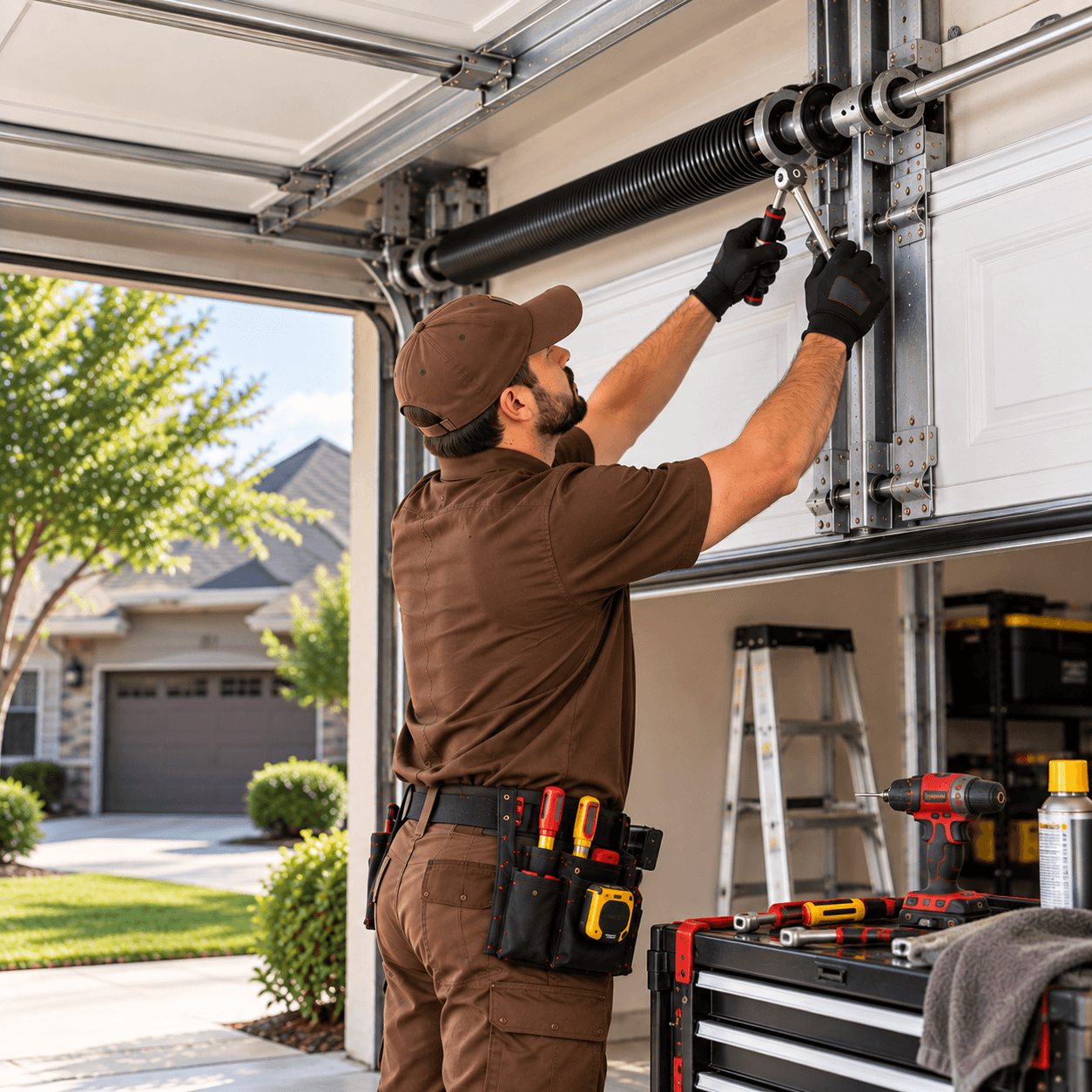 Texas City Garage Door technician performing routine maintenance on garage door springs, rollers and track hardware