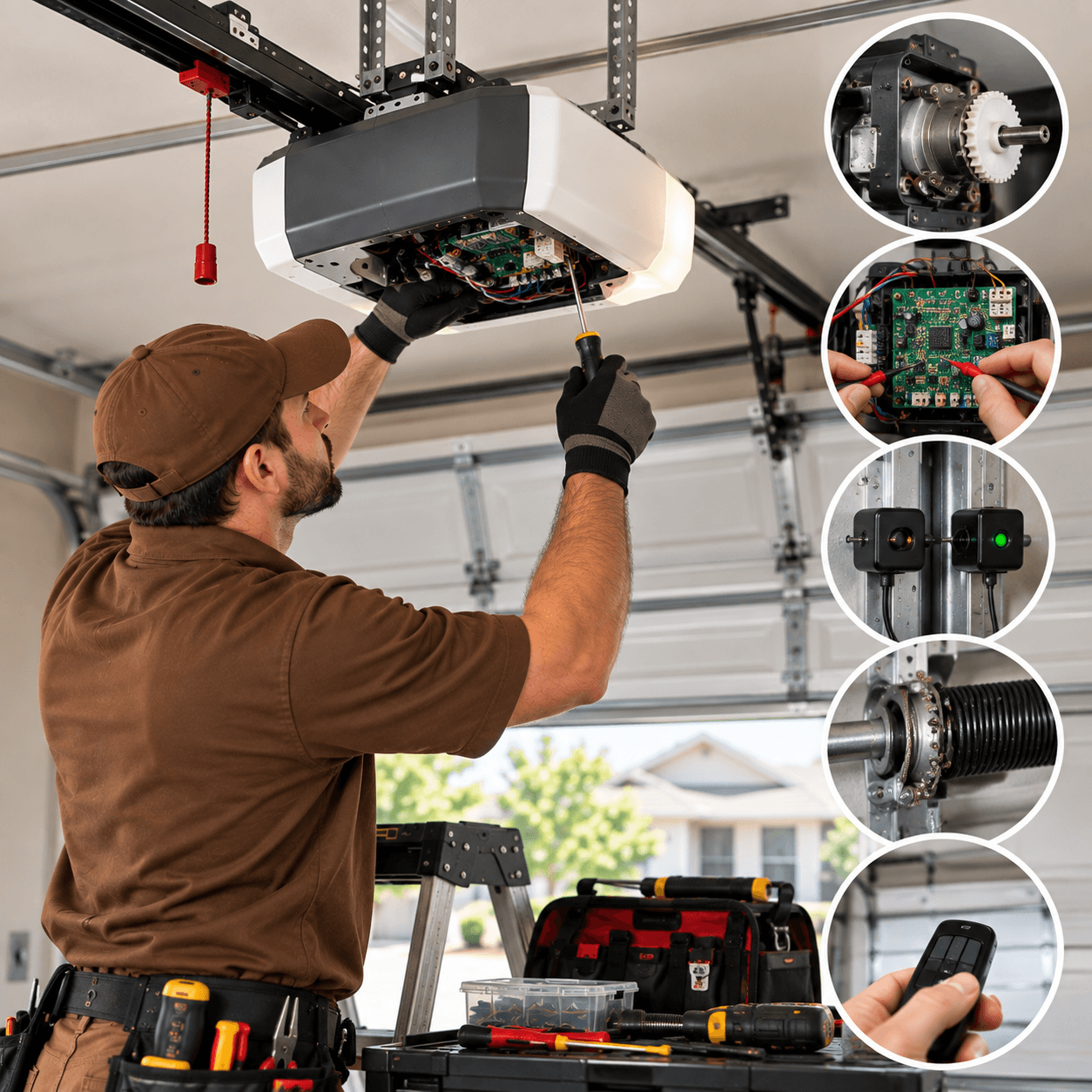 Texas City Garage Door technician diagnosing opener motor, circuit board, sensors, springs and remote controls
