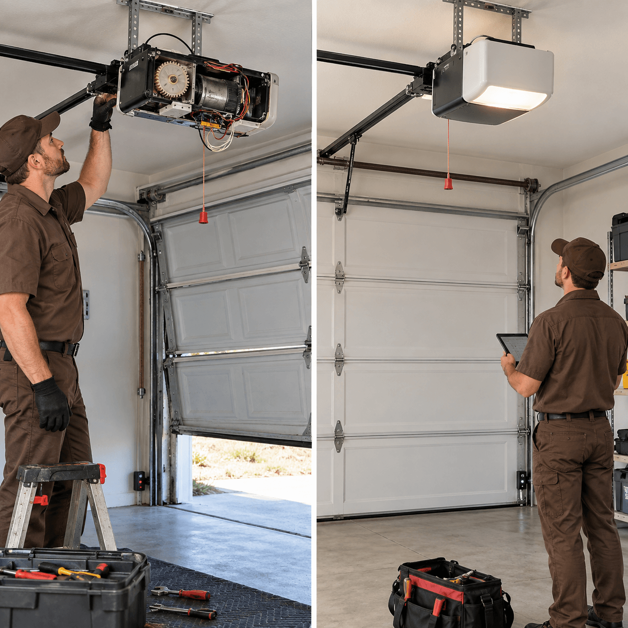 Before and after garage door opener repair showing a faulty opener and completed repair