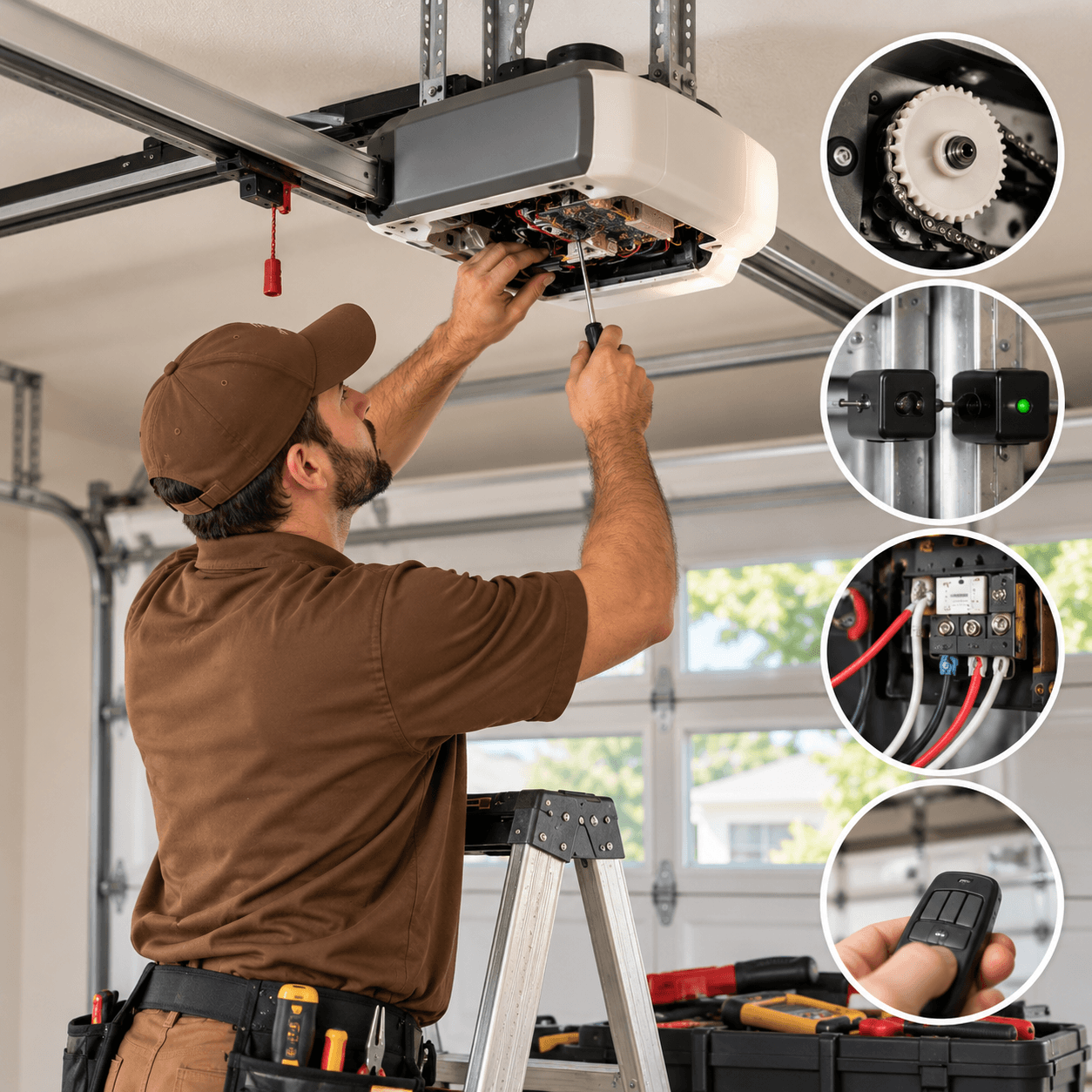 Garage door technician troubleshooting opener gears, sensors, wiring and remote controls
