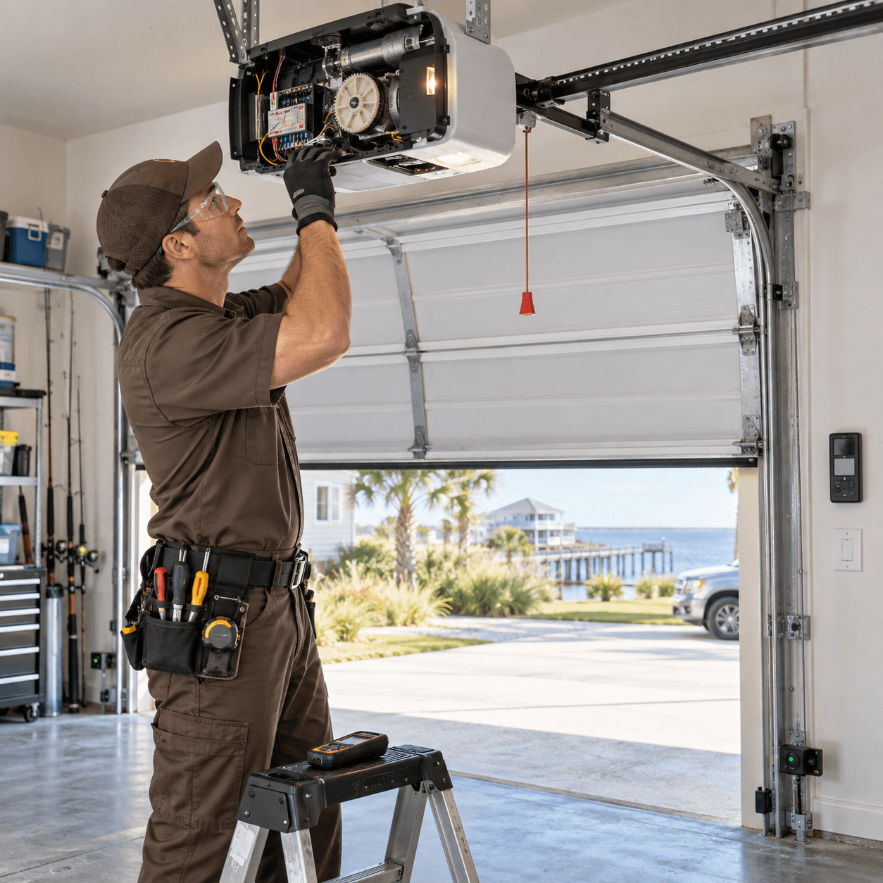 Texas City Garage Door technician diagnosing and repairing a garage door opener system