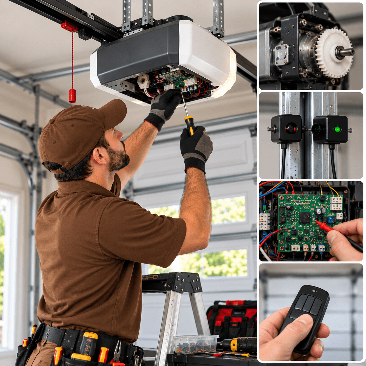 Garage door technician inspecting opener gears, sensors, wiring, circuit board and remote controls