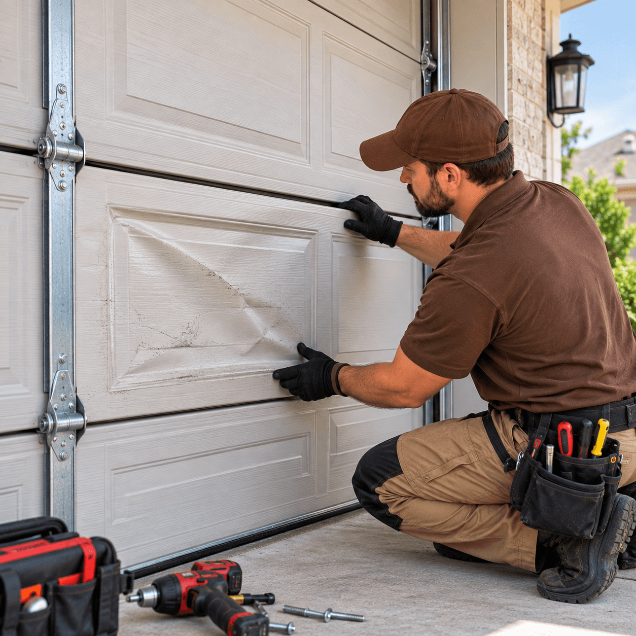 Technician inspecting dents and surface damage on a garage door panel Texas City TX