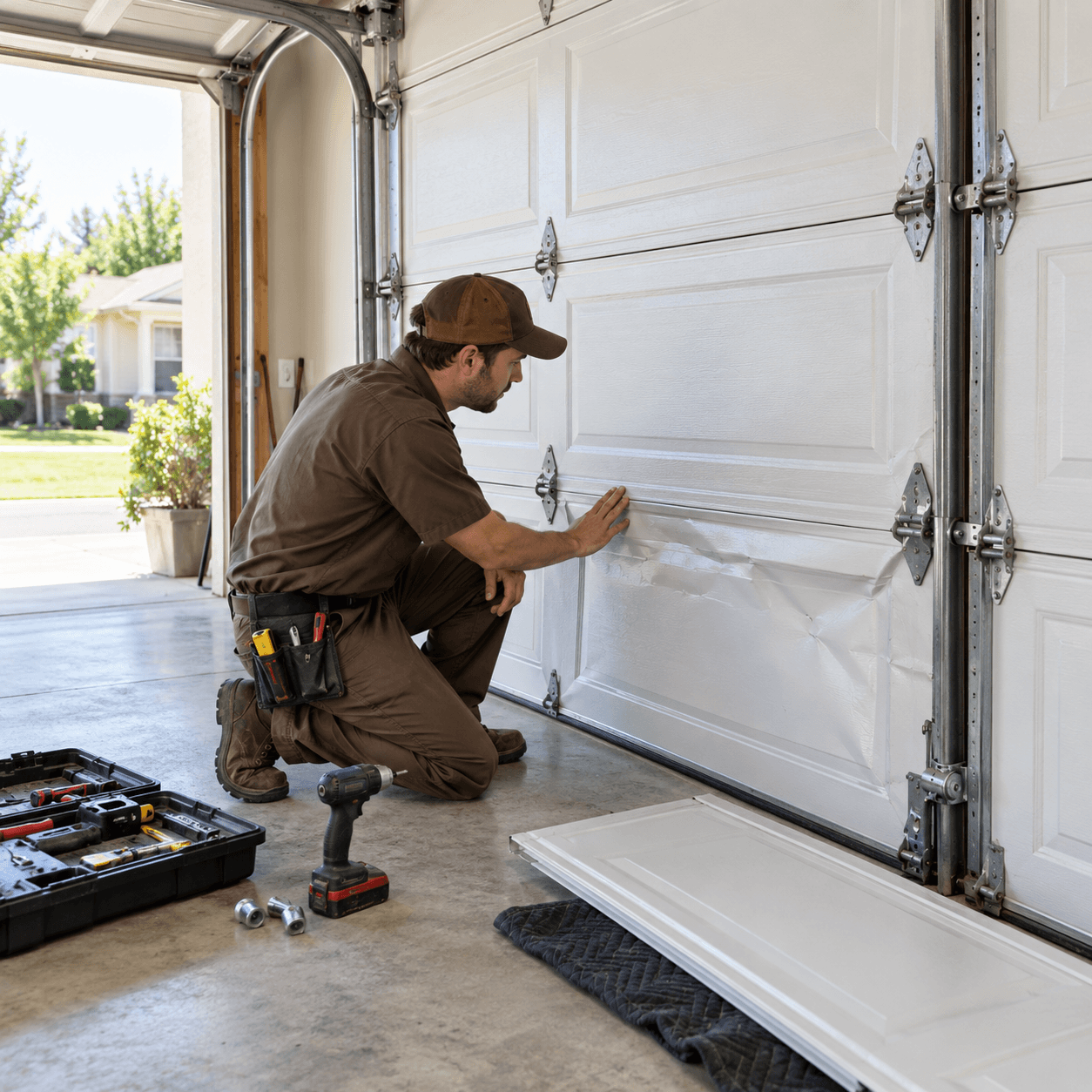 Technician inspecting and repairing an impact-damaged garage door panel Texas City TX