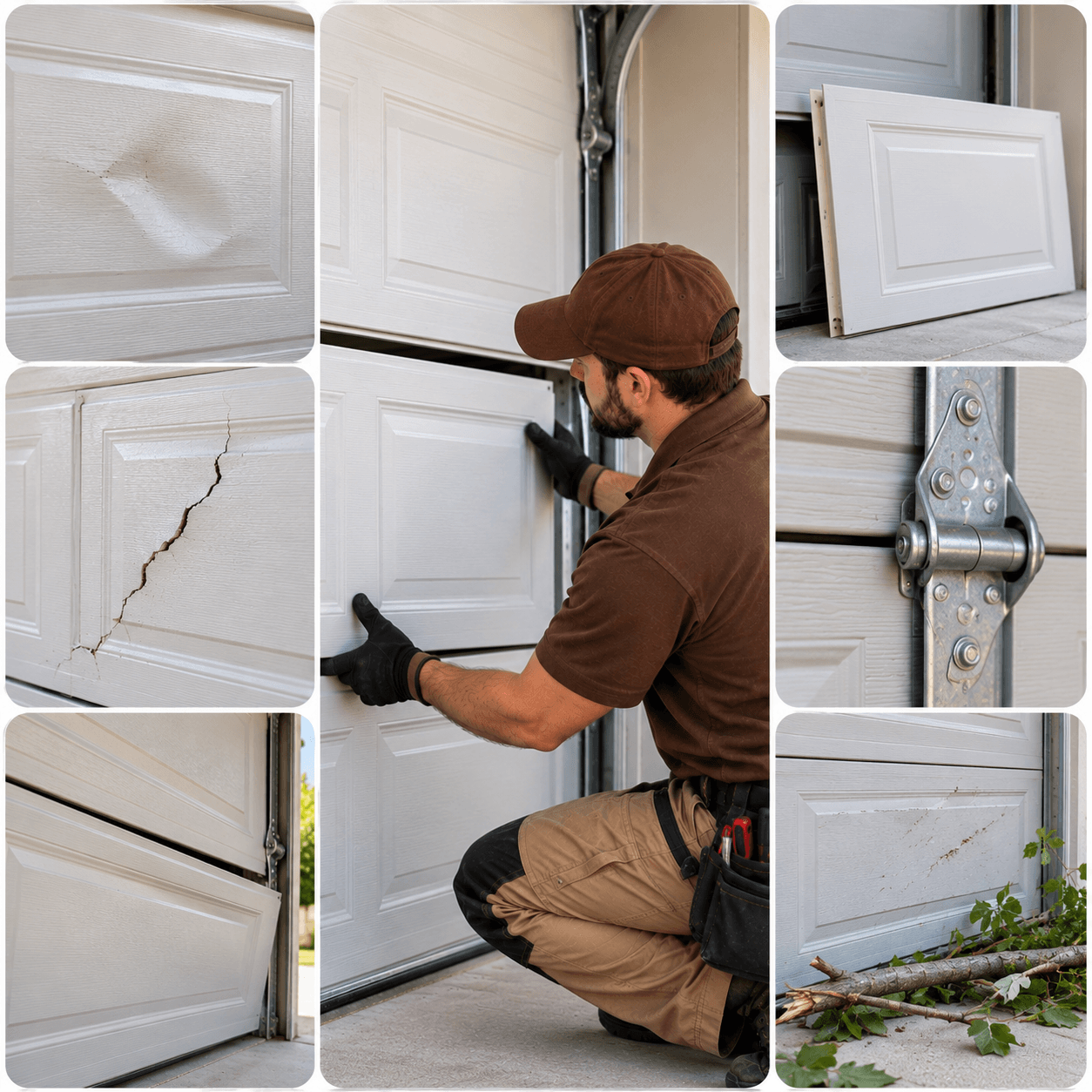 Collage showing common garage door panel problems including dents, cracks, bent sections, hinge damage, replacement panels and storm damage