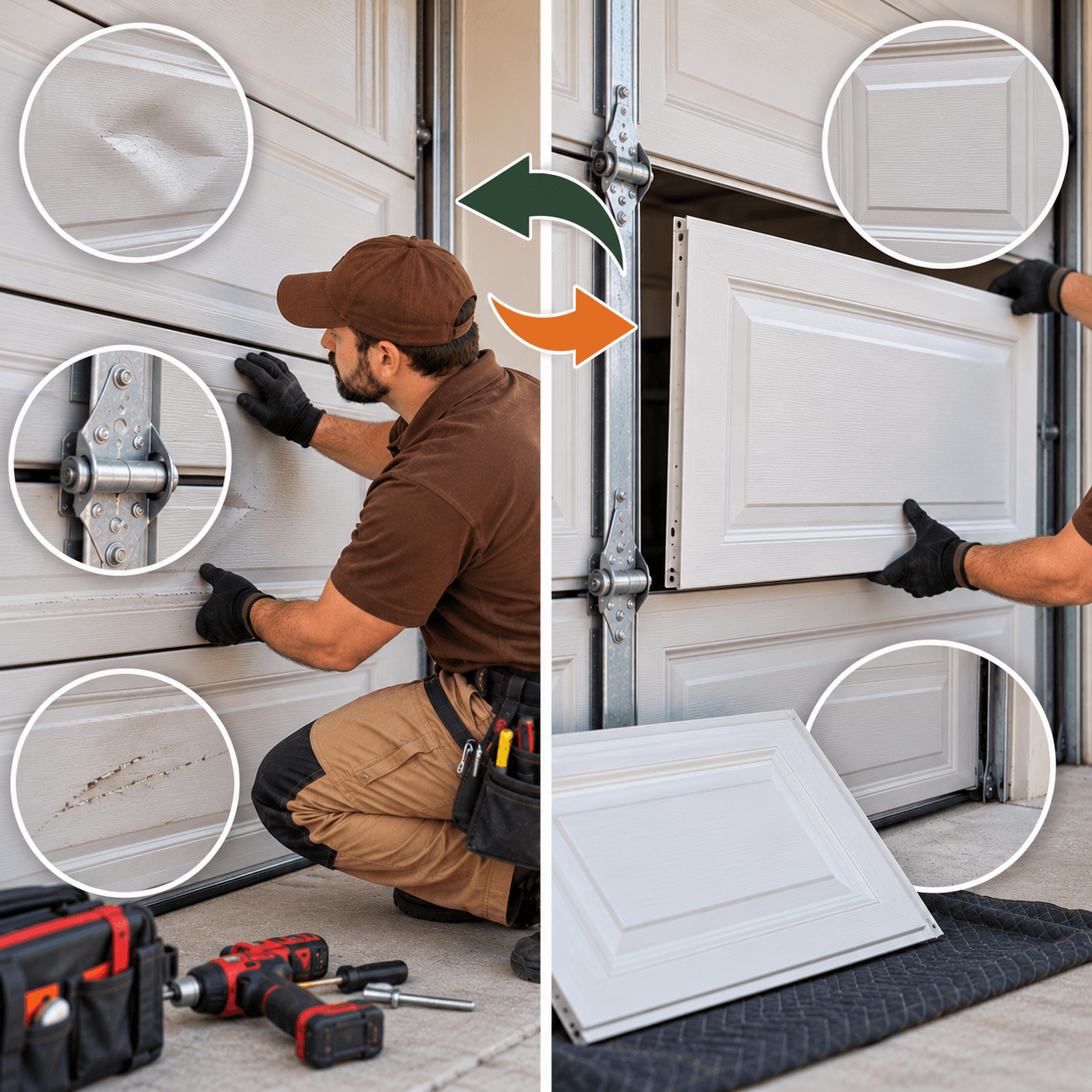 Technician comparing garage door panel repair and replacement options Texas City TX