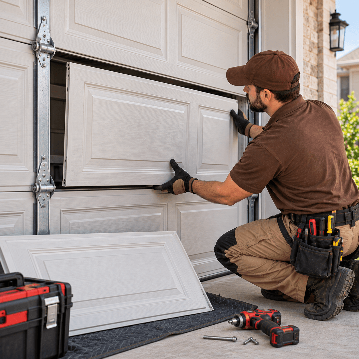 Technician matching and installing a replacement garage door panel Texas City TX