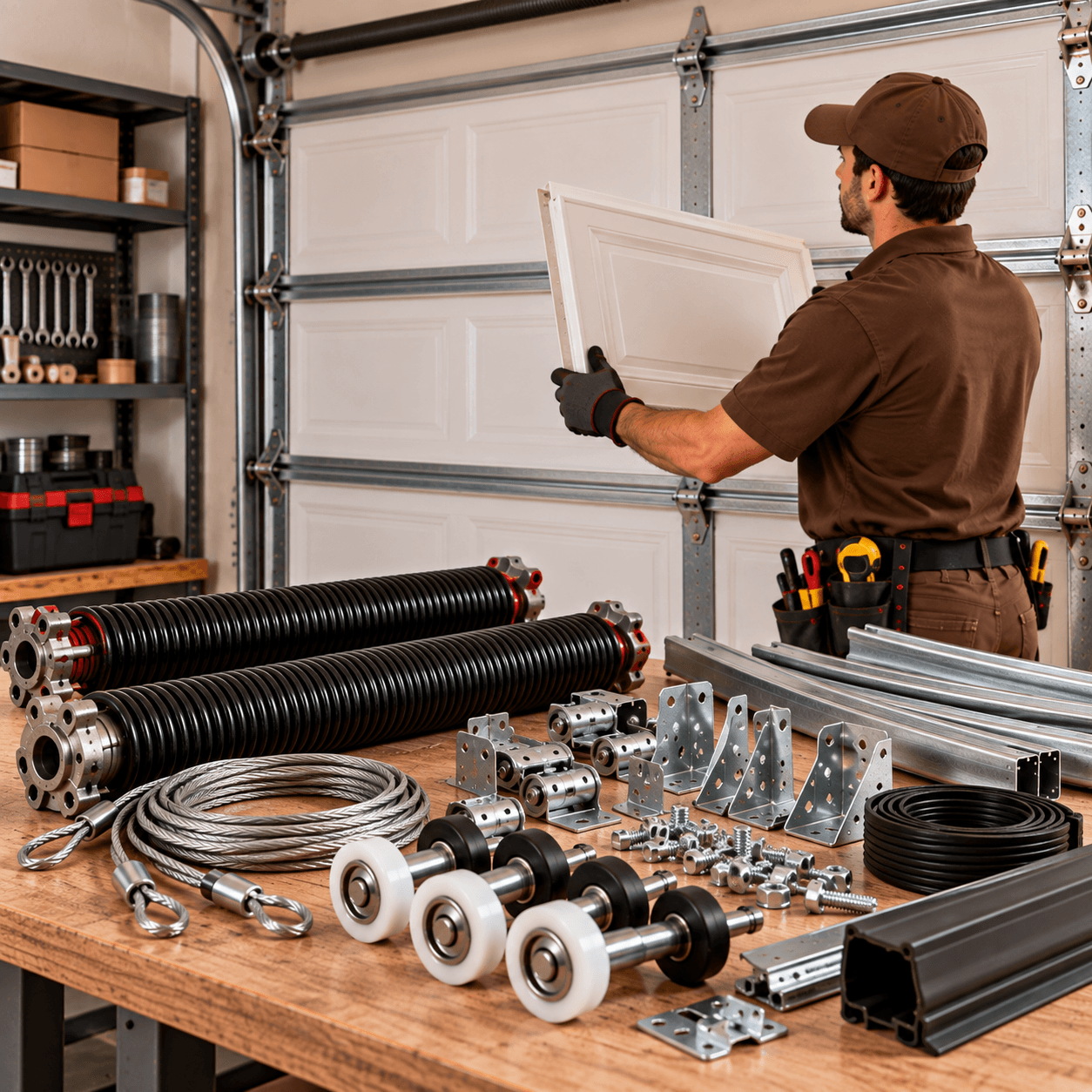 Texas City Garage Door technician selecting replacement garage door panels, springs, cables, rollers, brackets and track hardware