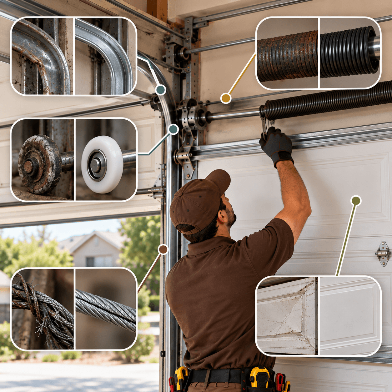 Texas City Garage Door technician inspecting garage door tracks, rollers, springs, cables and panels to identify component-related movement problems