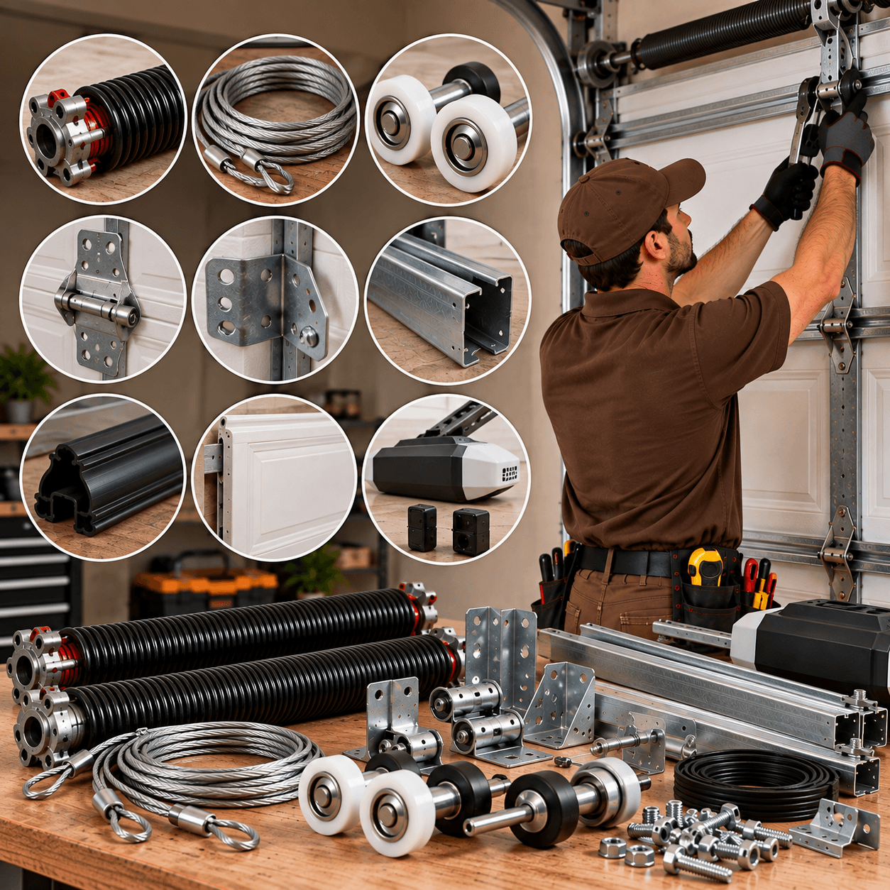 Texas City Garage Door technician working beside essential garage door parts including springs, cables, rollers, brackets, tracks, seals and opener components