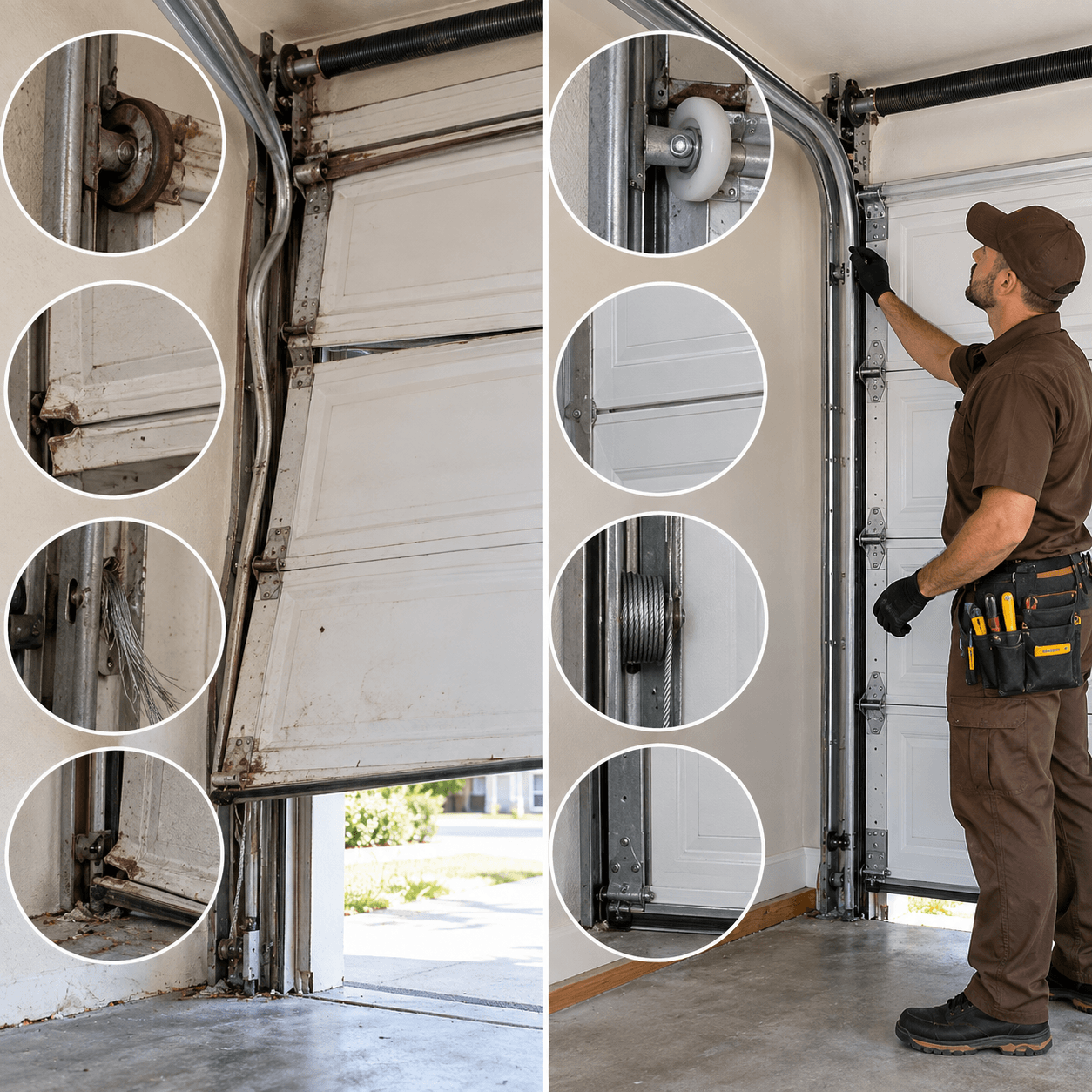 Before and after garage door parts repair showing damaged track, roller, panel and cable restored to proper condition