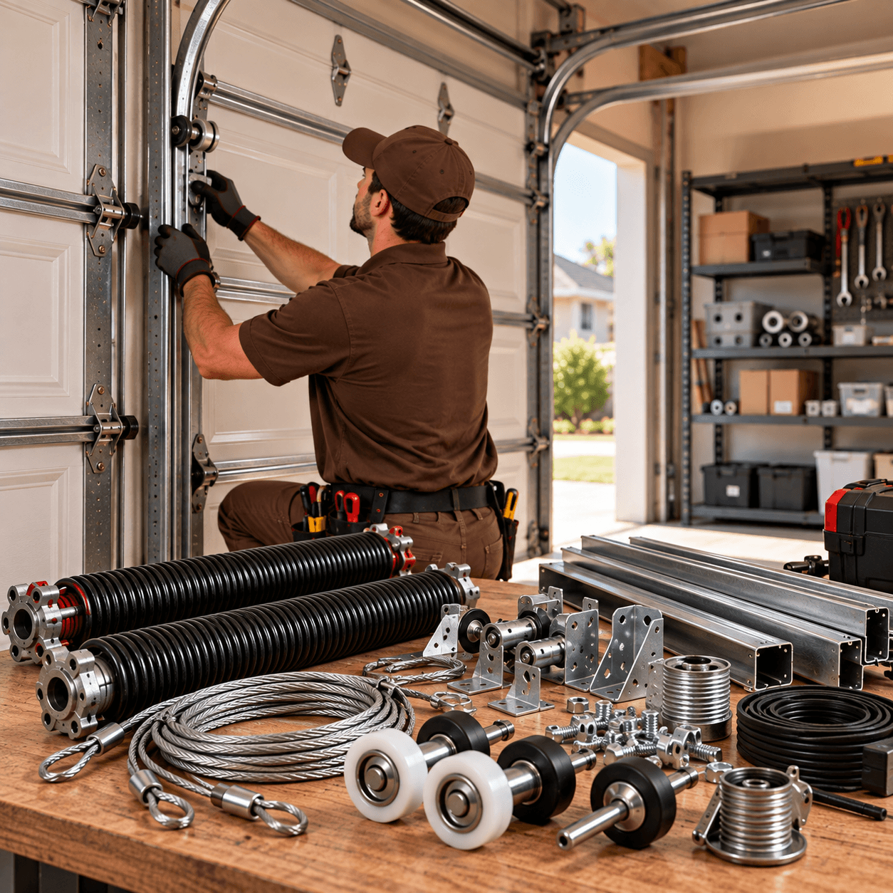 Texas City Garage Door technician inspecting rollers, tracks, hinges and related garage door hardware beside replacement springs, cables and brackets