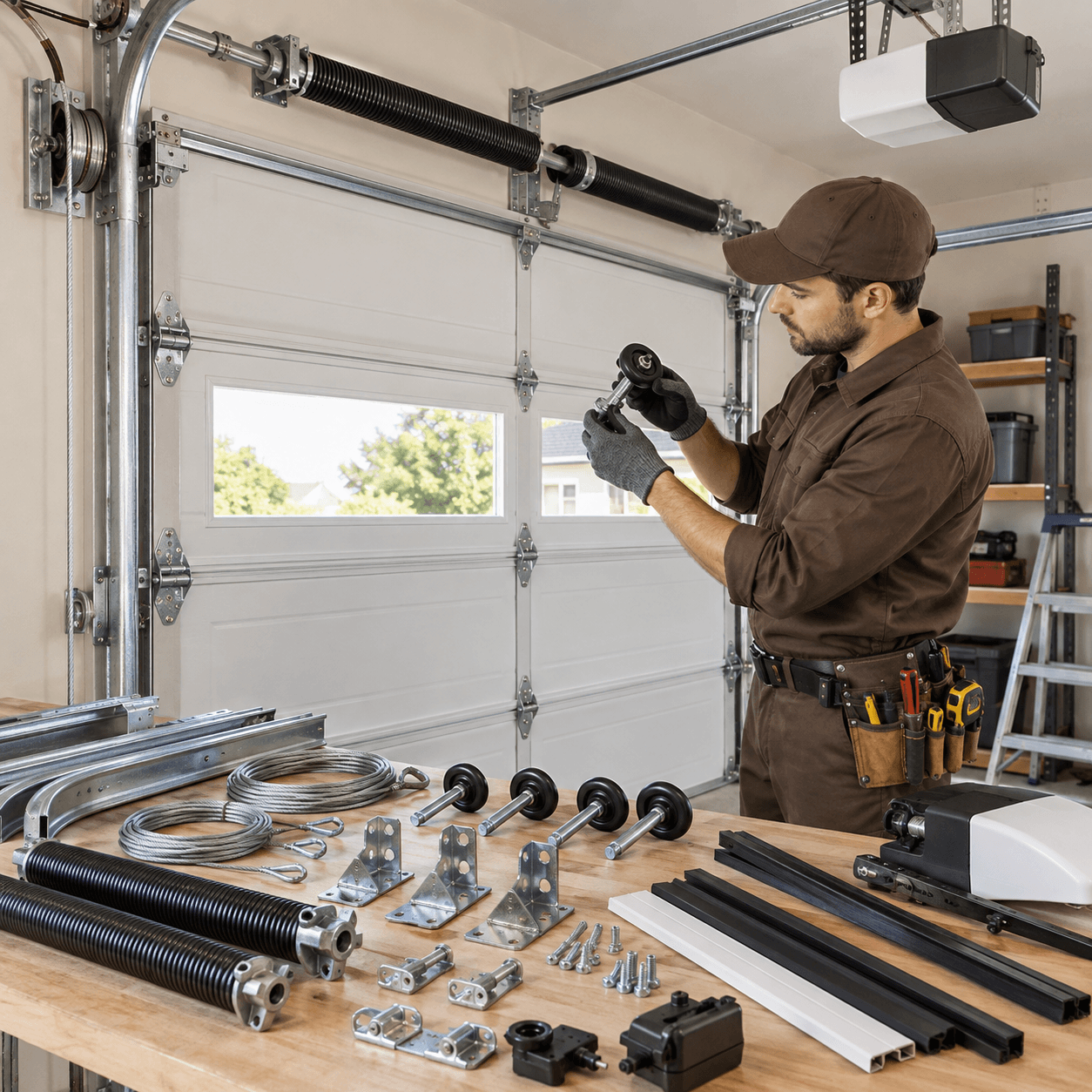Texas City Garage Door technician inspecting rollers and replacement garage door parts including springs, cables, brackets, tracks and opener hardware