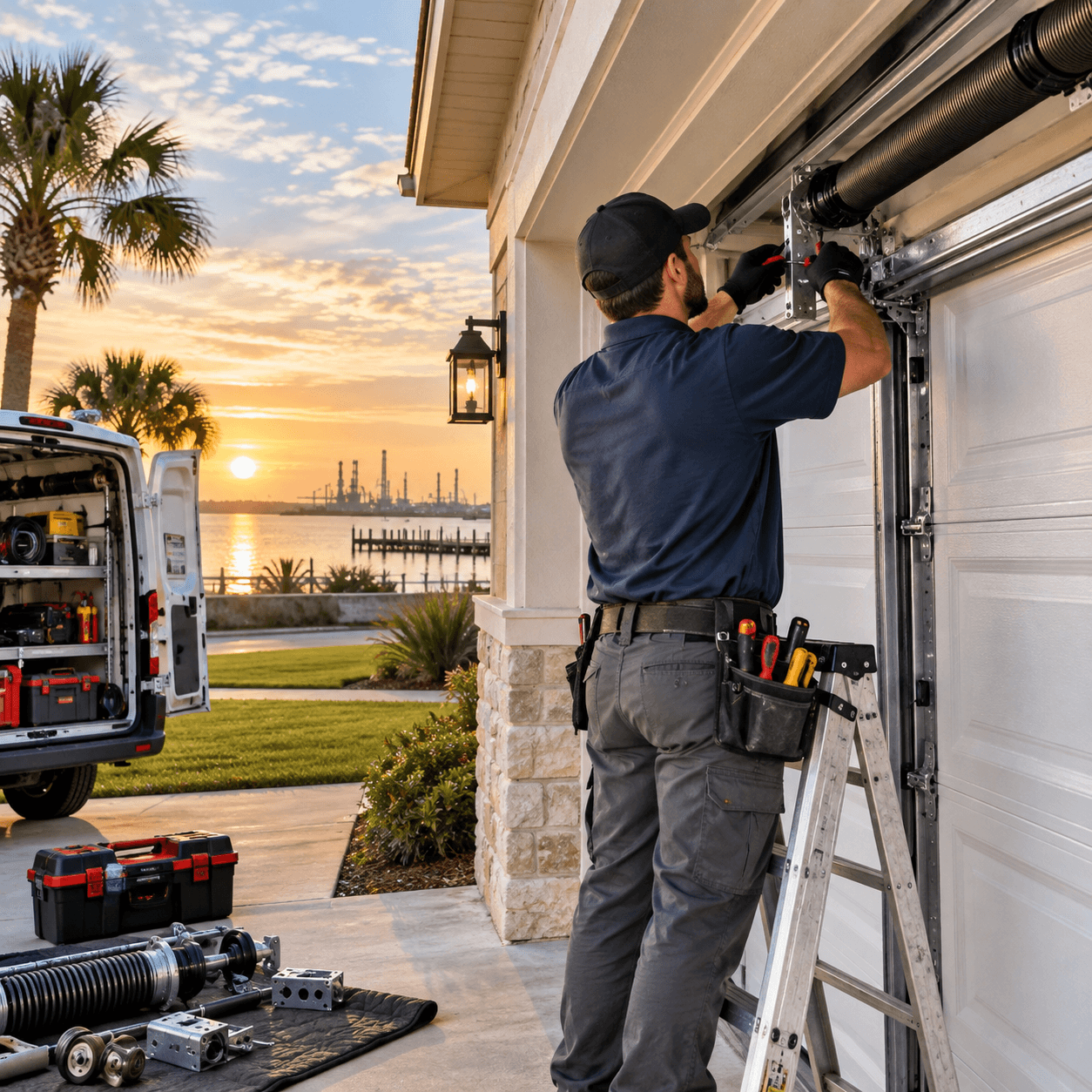 Garage door technician providing professional residential garage door service Texas City TX
