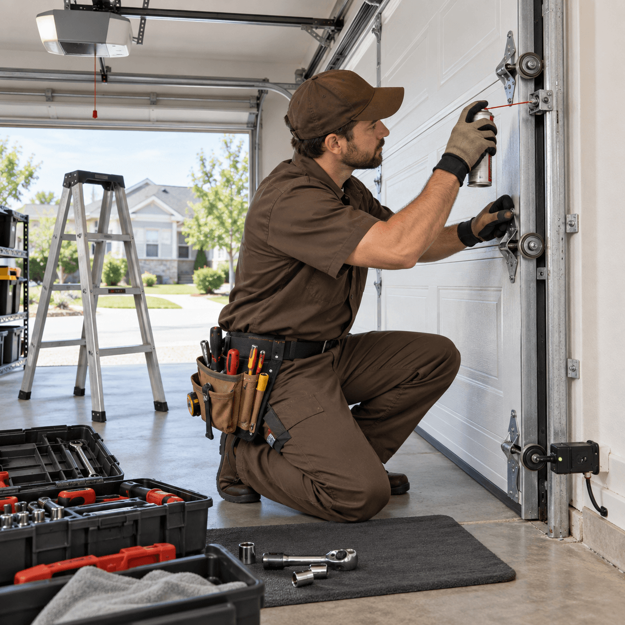 Garage door technician performing preventive maintenance on rollers and hardware