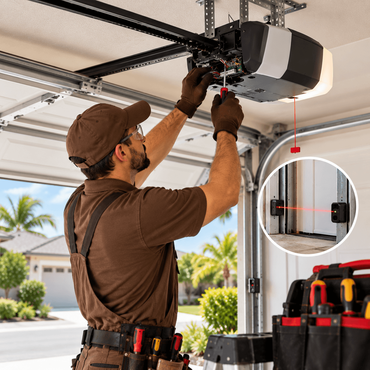 Garage door technician troubleshooting an opener motor and safety sensors