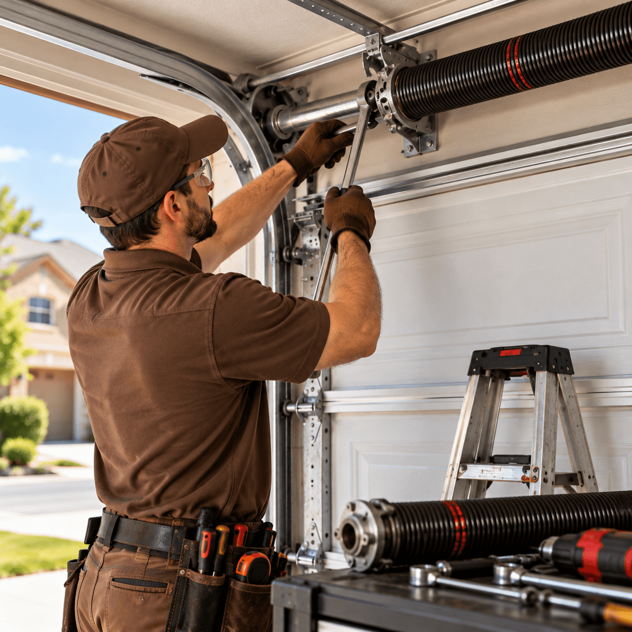 Garage door technician adjusting a high tension torsion spring